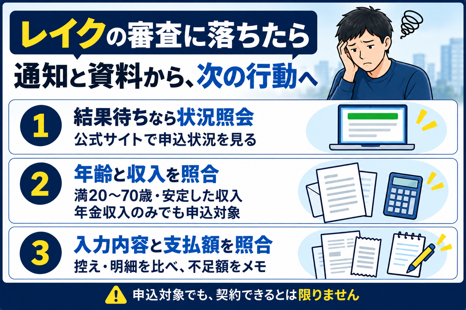 レイクの結果待ちの照会、年齢と収入、入力内容と支払額を照合する3つの手順