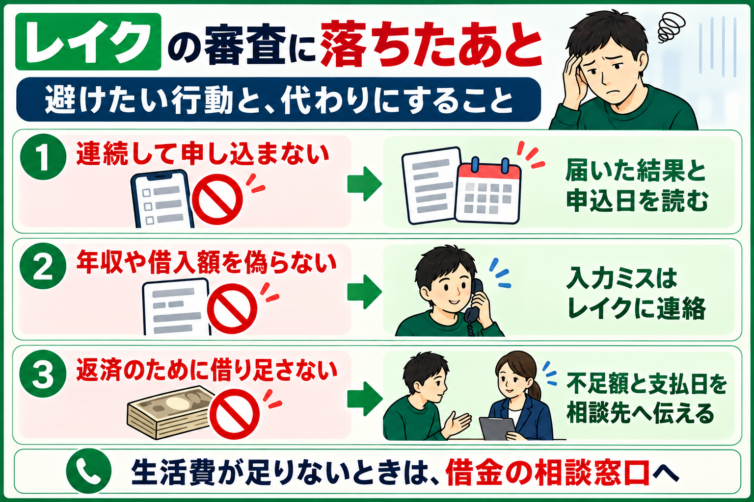 連続申込み、虚偽入力、返済のための借入れを避け、届いた結果や不足額をもとに対応する図