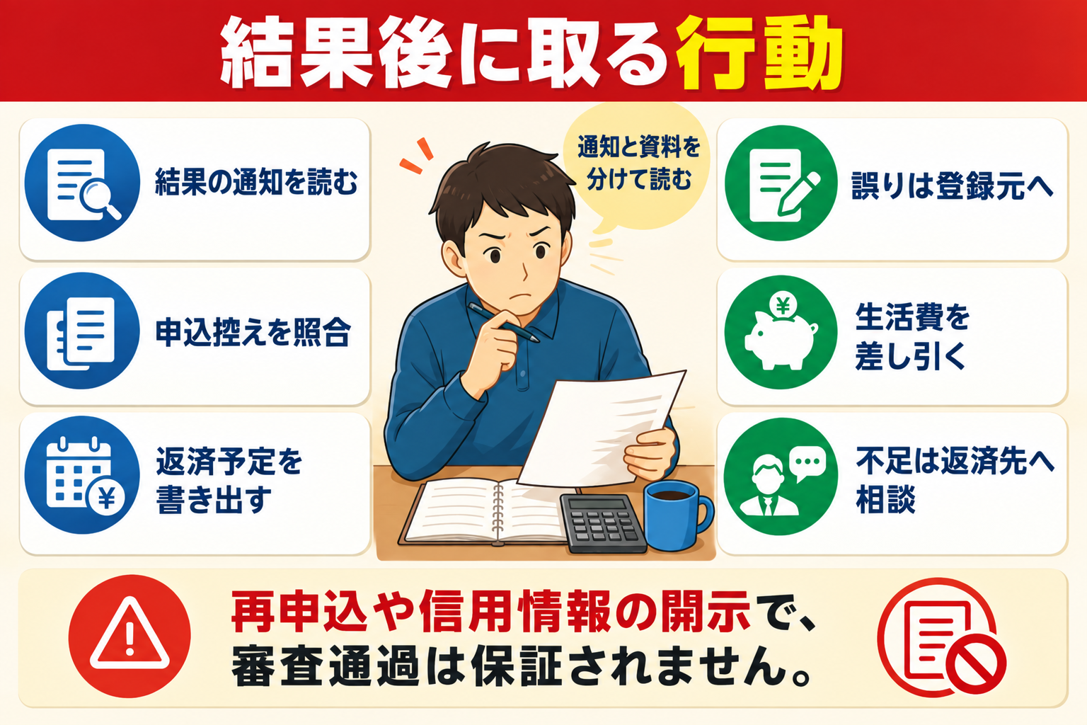 結果通知を読み、返済予定と不足額を出して相談する手順